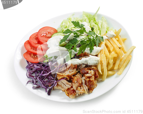 Image of plate of chicken kebab and vegetables