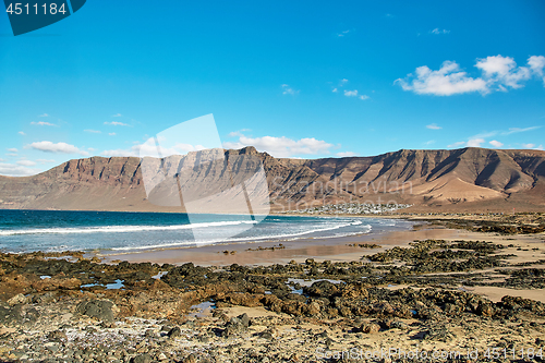 Image of Landscape with volcanic hills and atlantic ocean in Lanzarote 