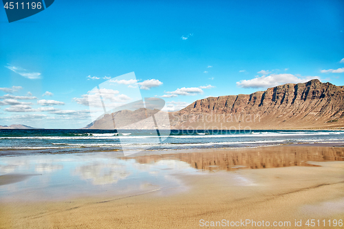 Image of Landscape with volcanic hills and atlantic ocean in Lanzarote 