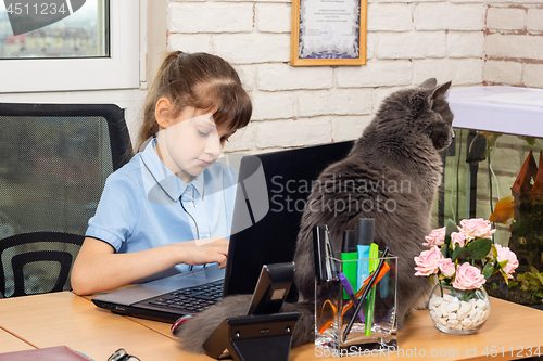 Image of Eight-year-old girl at the office table, a cat sits on the table