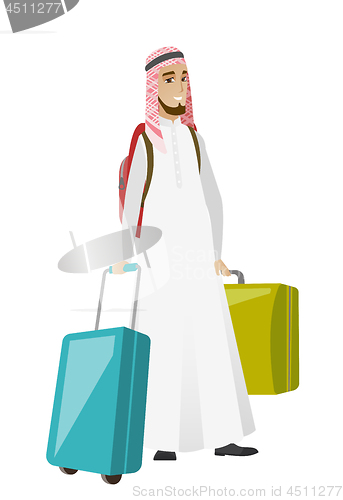 Image of Young muslim man traveler with many suitcases.