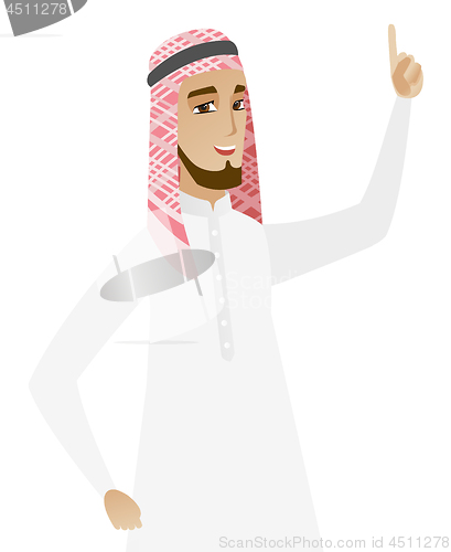 Image of Muslim businessman pointing his forefinger up.