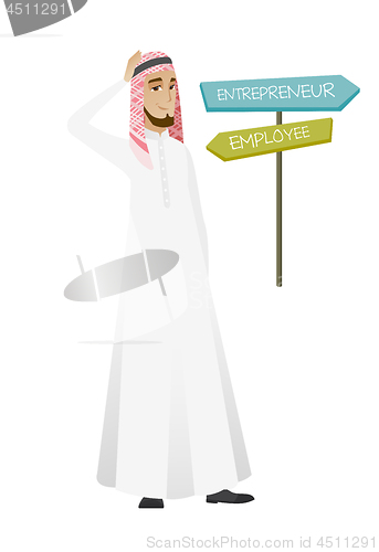 Image of Confused muslim man choosing career pathway.