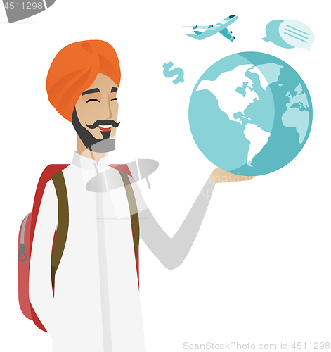 Image of Hindu traveler man holding map and globe.