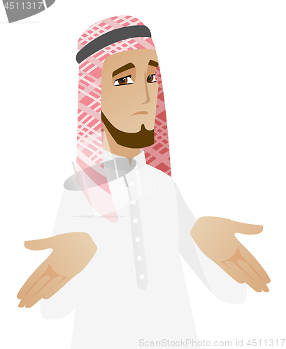 Image of Confused muslim businessman shrugging shoulders.