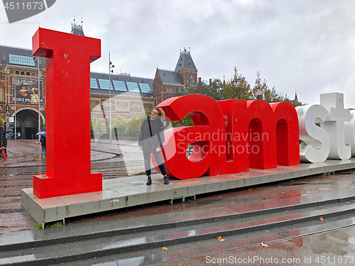 Image of sign I amsterdam at Museum Square near Rijksmuseum in Amsterdam