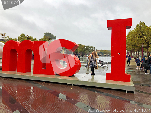 Image of sign I amsterdam at Museum Square near Rijksmuseum in Amsterdam