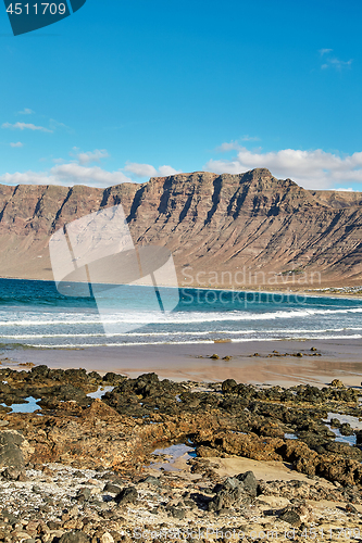 Image of Landscape with volcanic hills and atlantic ocean in Lanzarote 