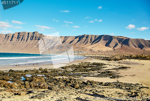 Image of Landscape with volcanic hills and atlantic ocean in Lanzarote 