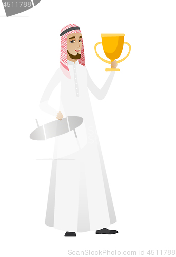 Image of Muslim businessman holding a trophy.