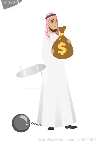 Image of Chained muslim businessman with bag full of taxes.