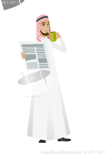 Image of Businessman drinking coffee and reading newspaper.