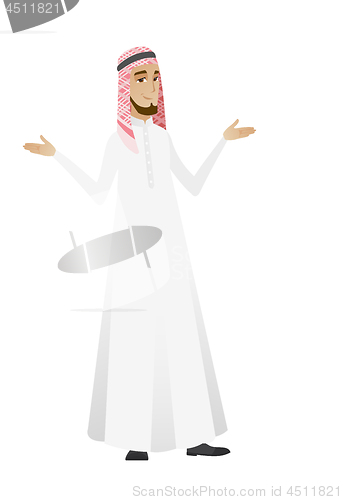 Image of Muslim confused businessman with spread arms.