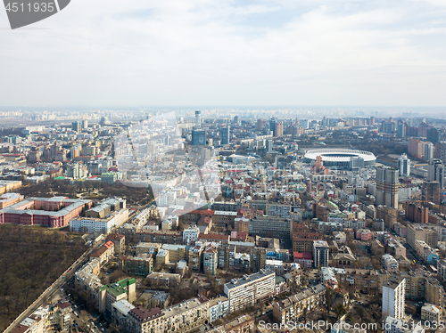 Image of Kiev, Ukraine - April 7, 2018: aerial view the National Olympic Sports Complex, part of the Botanical Garden and the University of Shevchenko