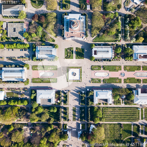 Image of Aerial view shooting from drone of the central symmetrical square of the National Exhibition Center in Kiev, Ukraine.