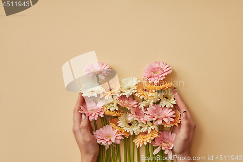 Image of A bouquet of colorful gerberas girl holds in hands on a yellow paper background.