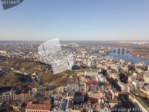 Image of Panoramic view of Kiev, Podol district, Vozdvizhenka and Bald mountain aerial view.