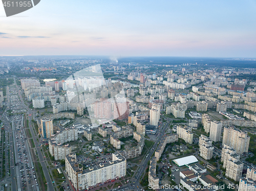 Image of A bird\'s eye view, aerial panoramic view from drone to the Darnyts\'kyi district of Kiev, Ukraine and the left bank of Dnieper.