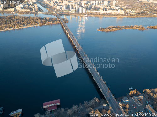 Image of Aerial view from the drone to the Patona Bridge, Dnieper River in the city of Kiev, Ukraine