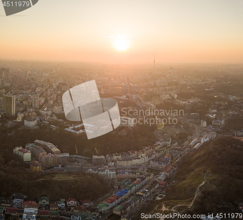 Image of A bird\'s eye view, aerial view shooting from drone of the Podol district, oldest historical center of Kiev, Ukraine.