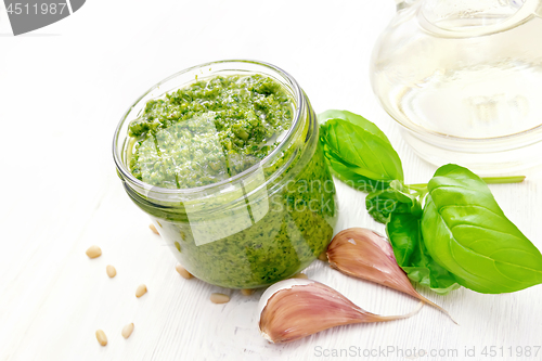 Image of Pesto in jar on board