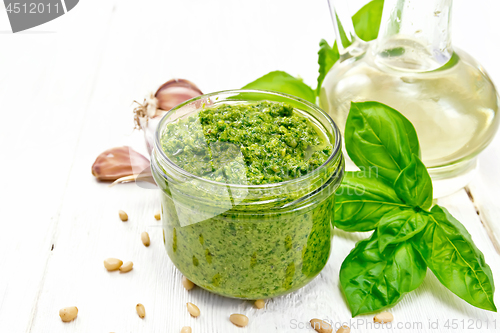 Image of Pesto in glass jar on light wooden board