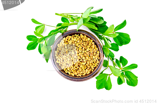 Image of Fenugreek with green leaves in bowl on top