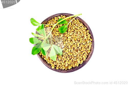 Image of Fenugreek with leaf in clay bowl on top