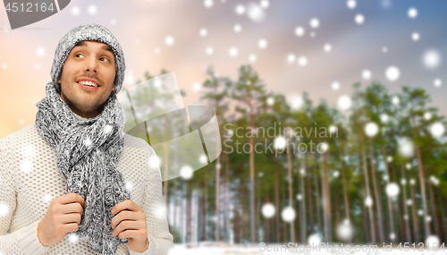 Image of smiling man in hat and scarf over winter forest