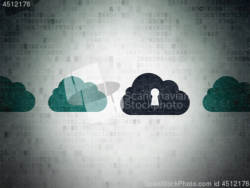 Image of Cloud networking concept: cloud with keyhole icon on Digital Data Paper background