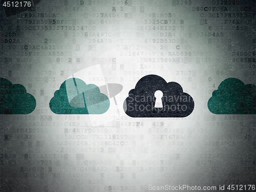 Image of Cloud networking concept: cloud with keyhole icon on Digital Data Paper background