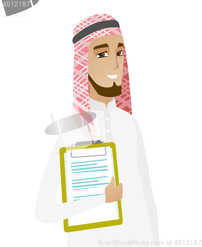 Image of Businessman holding clipboard with documents.