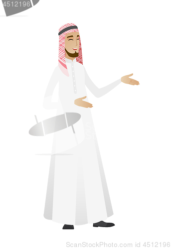 Image of Young muslim happy businessman gesturing.