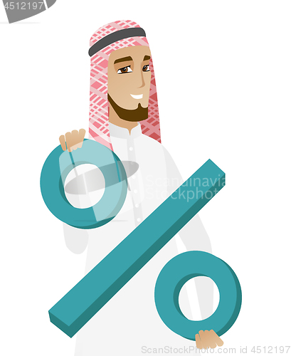 Image of Smiling muslim businessman holding percent sign.