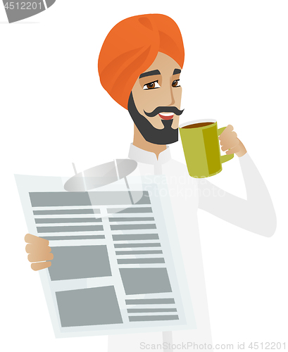 Image of Businessman drinking coffee and reading newspaper.