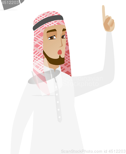 Image of Businessman with open mouth pointing finger up.