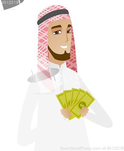 Image of Happy muslim businessman holding money.
