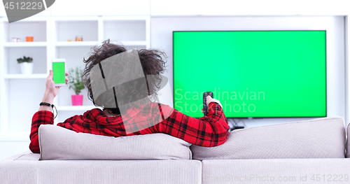 Image of Young couple on the sofa watching television