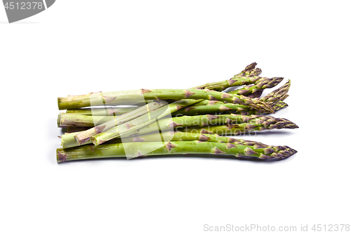 Image of Bunch of fresh raw garden asparagus isolated on white background