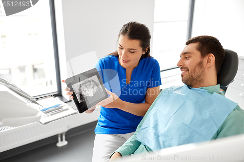 Image of dentist showing panoramic dental x-ray to patient