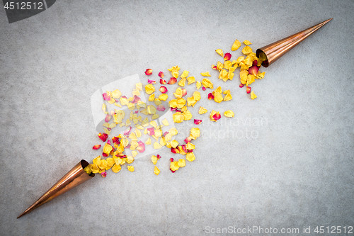 Image of Copper cones with rose petals on concrete surface