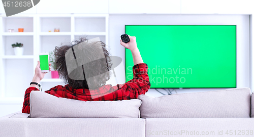 Image of Young couple on the sofa watching television