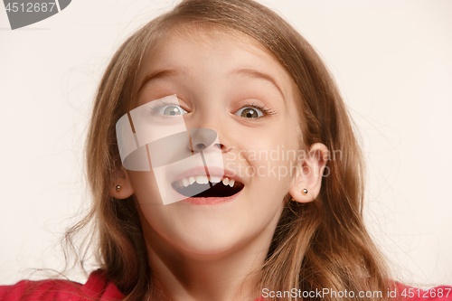 Image of The happy teen girl standing and smiling against white background.