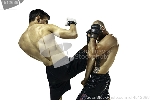 Image of Two professional boxer boxing isolated on white studio background