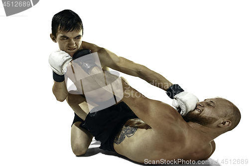 Image of Two professional boxer boxing isolated on white studio background