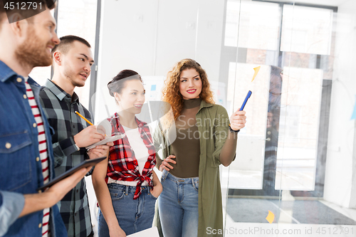 Image of creative team with chart on glass board at office