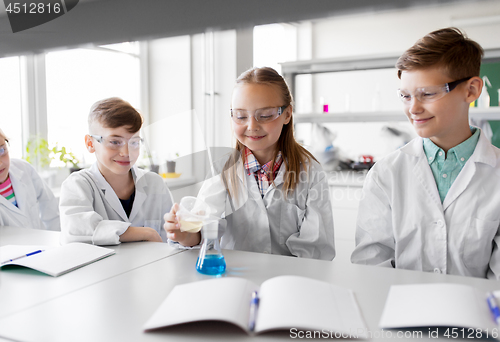 Image of kids with test tube studying chemistry at school