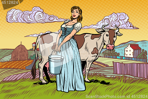 Image of village woman with a bucket of cow milk. farm landscape