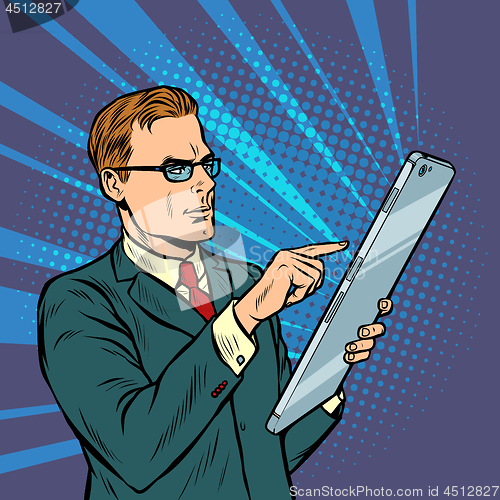 Image of businessman and smartphone with big screen