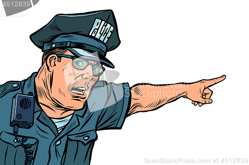 Image of police officer cop points directions. isolate on white background